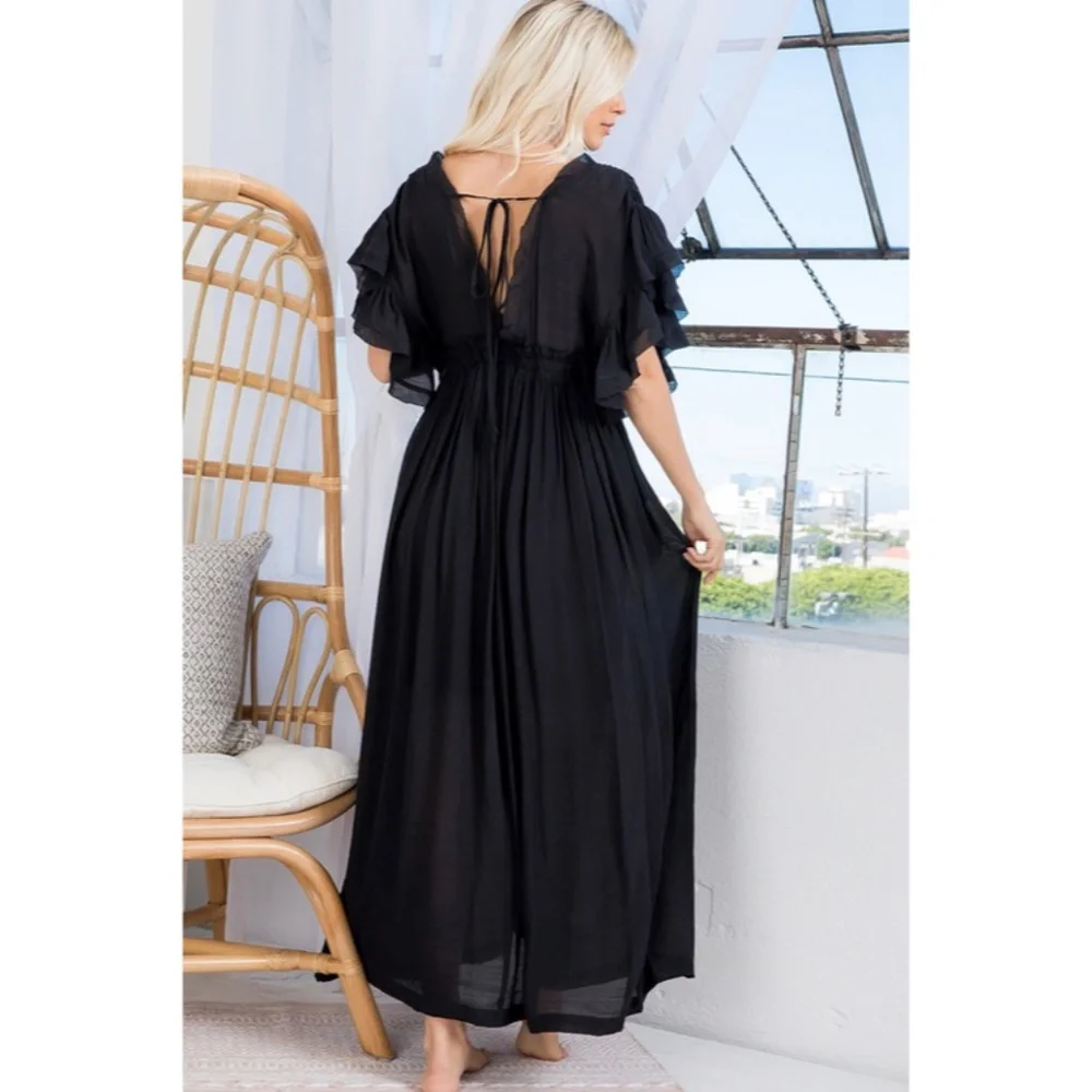 SOLD OUT Black Gauze Boho Button Short Slv Deep V Woven Gathered Maxi Dress - Picture 7 of 7